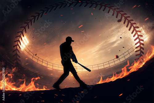 Silhouette Körper Baseball Spieler im Stadion - Abstrakte futuristische Darstellung mit Flammen und Licht - Sport Event