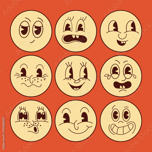 Nine cartoon faces, icons in groovy style. Vector set