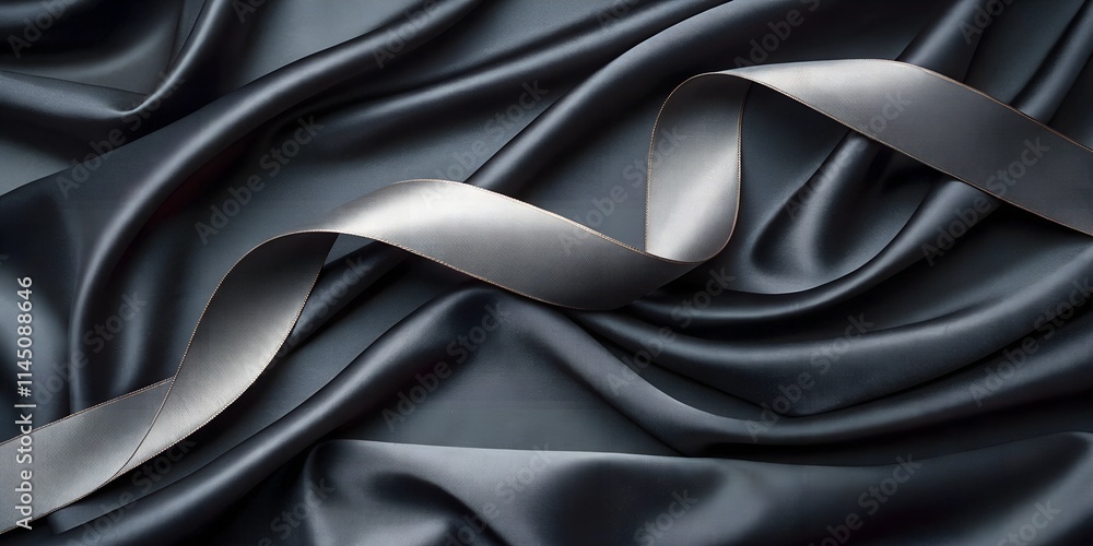 Elegant silver ribbon on luxurious dark silk fabric with flowing textures Elegant silver ribbon on luxurious dark silk fabric with flowing textures