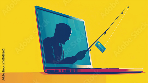 Scammer looking out of the computer screen and  stealing a bank card with fishing pole. Isolated background.