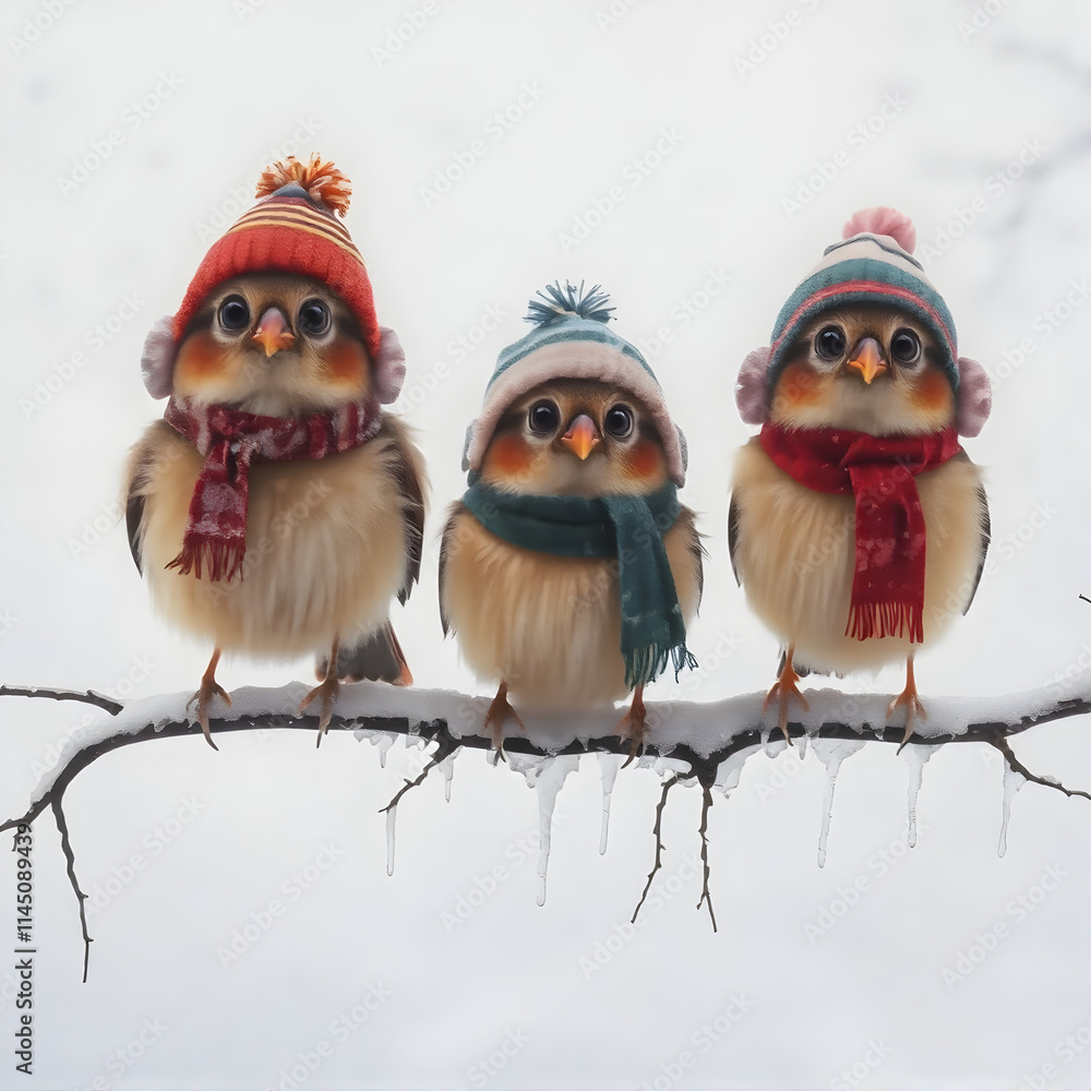 Fototapeta premium Birds with scarfs and hats 