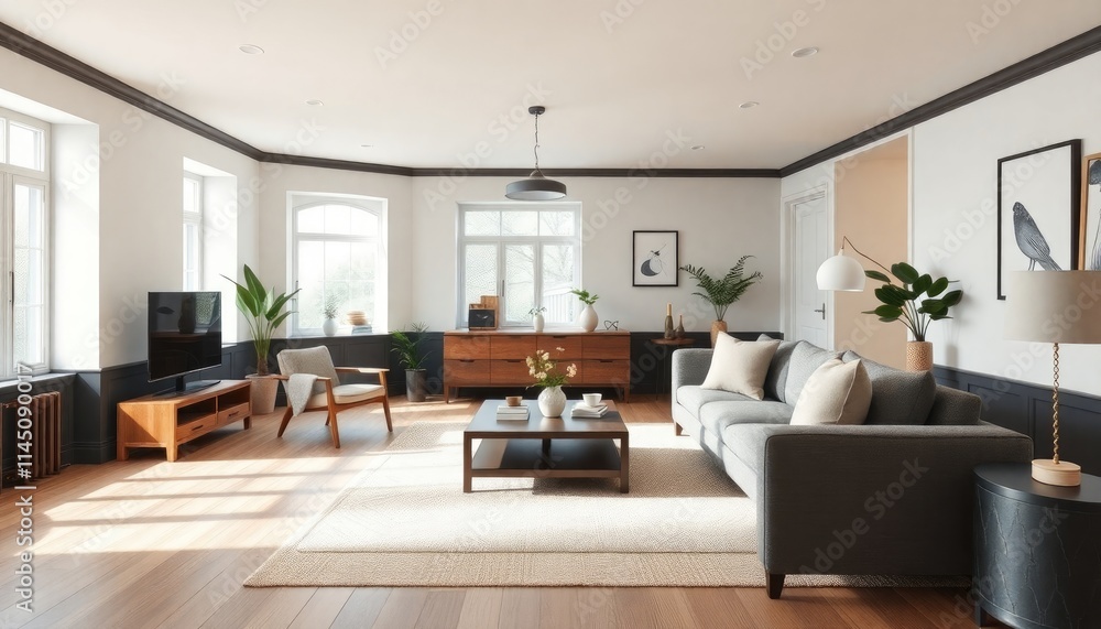 custom made wallpaper toronto digitalContemporary cottage living room with black skirting boards, modern furniture, and open space to highlight clean lines and functionality