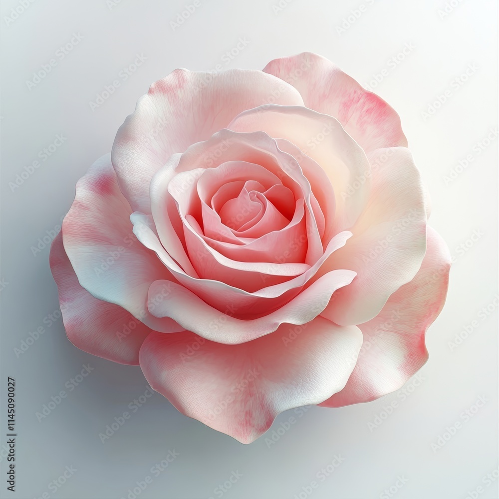 Fototapeta premium A 3D depiction of a pink rose, with realistic lighting and a subtle gradient, showcasing the petals' natural curves and soft shadows against a clean white backdrop