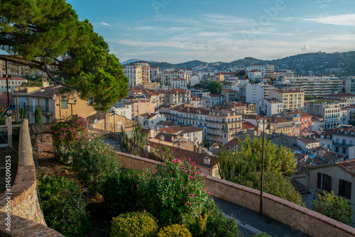 Amazing aerial panorama  on IGY Vieux-Port of Cannes and Palais des Festivals in sunbeams. Many sailboats photo