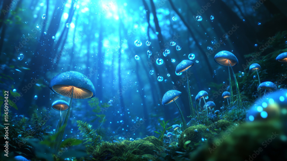 Fototapeta premium Glowing mushrooms illuminate a serene underwater forest in a captivating blue hue
