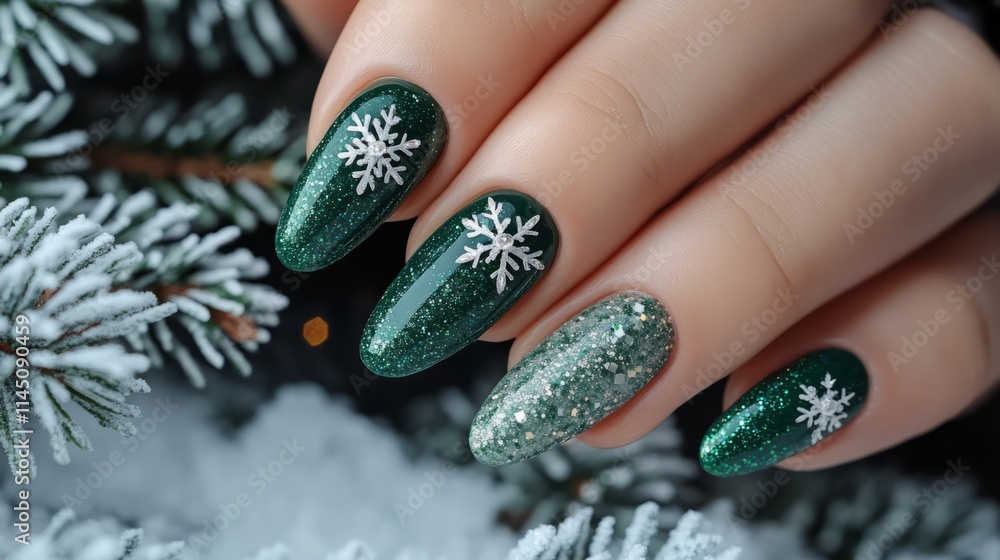 Glossy black hair with glittery silver accents
Glittery red and green nails with metallic finish
Glittery green nails with delicate snowflake design
Glittery green nails with delicate snowflake accent Glossy black hair with glittery silver accents
Glittery red and green nails with metallic finish
Glittery green nails with delicate snowflake design
Glittery green nails with delicate snowflake accent