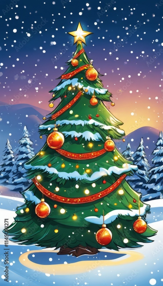Obraz premium Vibrant Christmas tree adorned with red ribbons, golden ornaments, topped with glowing star. Set in snowy landscape under twilight sky, surrounded by snowflakes, creating joyful, festive atmosphere.