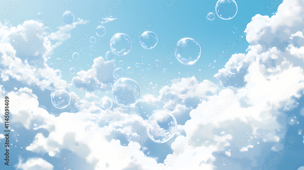 Serene bubbles floating on a sea of foam under a light blue sky: a refreshing visual of purity and cleanliness. Effervescent. Illustration Serene bubbles floating on a sea of foam under a light blue sky: a refreshing visual of purity and cleanliness. Effervescent. Illustration