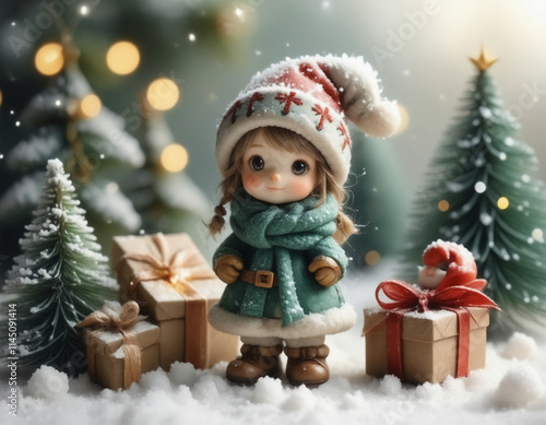 girl figure with christmas gift, decoration - generative ai