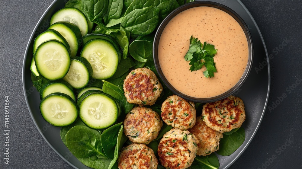 Vegetable cakes sizzle with a golden crust and are drizzled with a spicy sauce, served alongside a bed of fresh spinach creating a tempting, colorful dish. Vegetable cakes sizzle with a golden crust and are drizzled with a spicy sauce, served alongside a bed of fresh spinach creating a tempting, colorful dish.