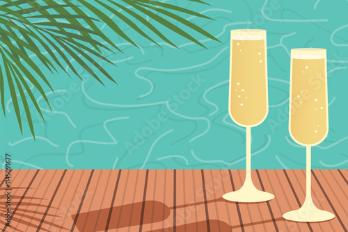 two glasses of champagne by a shimmering swimming pool; luxury and relaxation concept- vector illustration