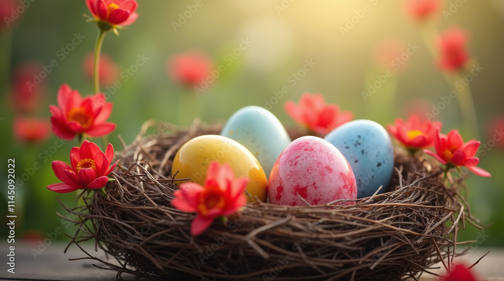 Easter Eggs with Delicate Red Flowers in Bird Nest, Elegant Background Easter Eggs with Delicate Red Flowers in Bird Nest, Elegant Background