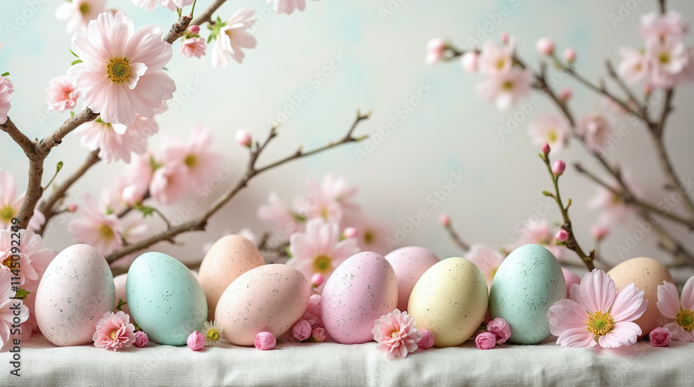 Easter Eggs with Spring Blossom Branches, Pastel Colors Delicate Holiday Background Easter Eggs with Spring Blossom Branches, Pastel Colors Delicate Holiday Background