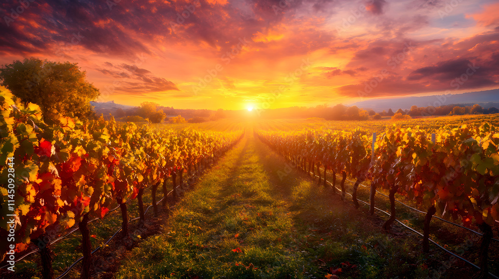 Naklejka premium A vineyard at sunset during autumn harvest.