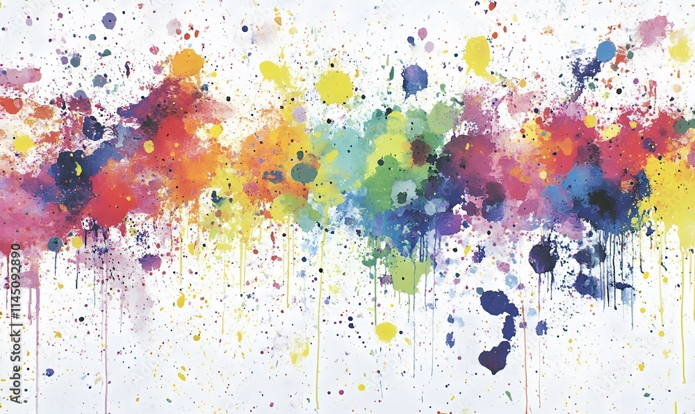 Fototapeta premium Vivid, colorful paint splatters and drips on white background.