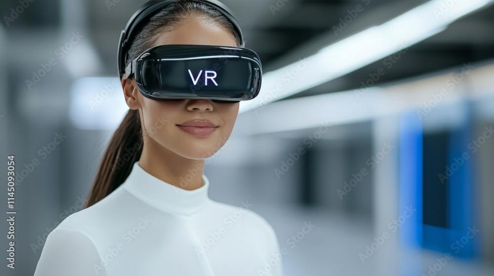 Woman with sleek tied hair wearing modern VR glasses immersed in a futuristic business setting emphasizing innovation and digital transformation in professional environments Woman with sleek tied hair wearing modern VR glasses immersed in a futuristic business setting emphasizing innovation and digital transformation in professional environments