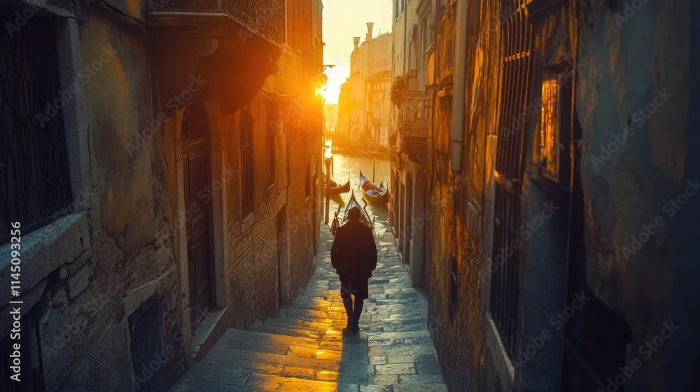 Fototapeta premium Gondola Gondolier Walks Venetian Sunset Canal Street