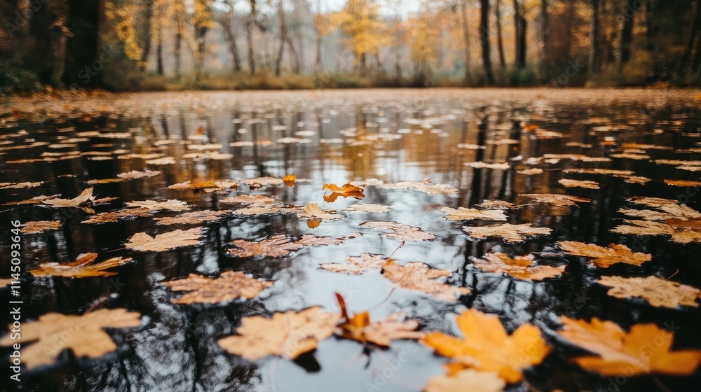 Autumn Leaves Floating On Calm Forest Pond Water Autumn Leaves Floating On Calm Forest Pond Water