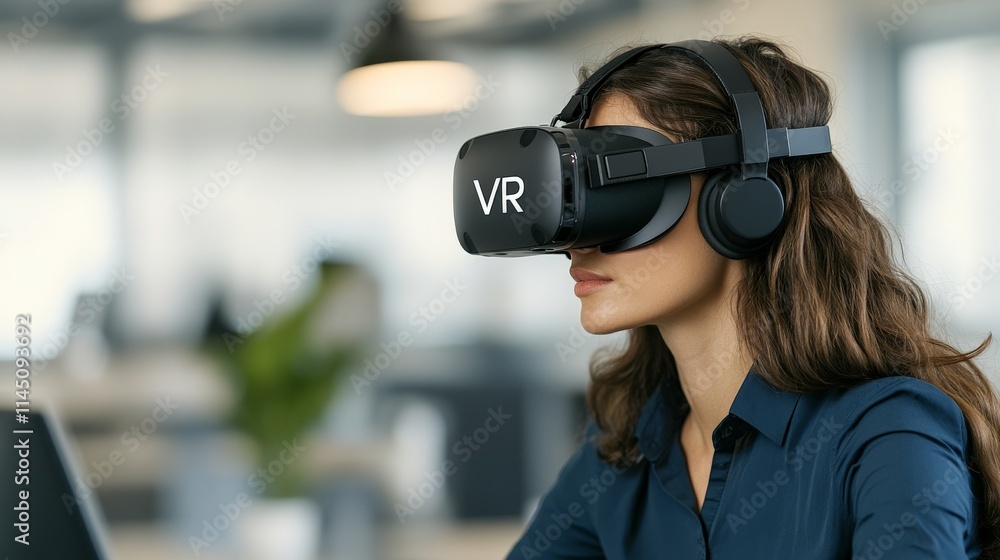 Professional woman in a corporate office wearing a black VR headset symbolizing advanced digital collaboration and immersive virtual reality for business applications Professional woman in a corporate office wearing a black VR headset symbolizing advanced digital collaboration and immersive virtual reality for business applications