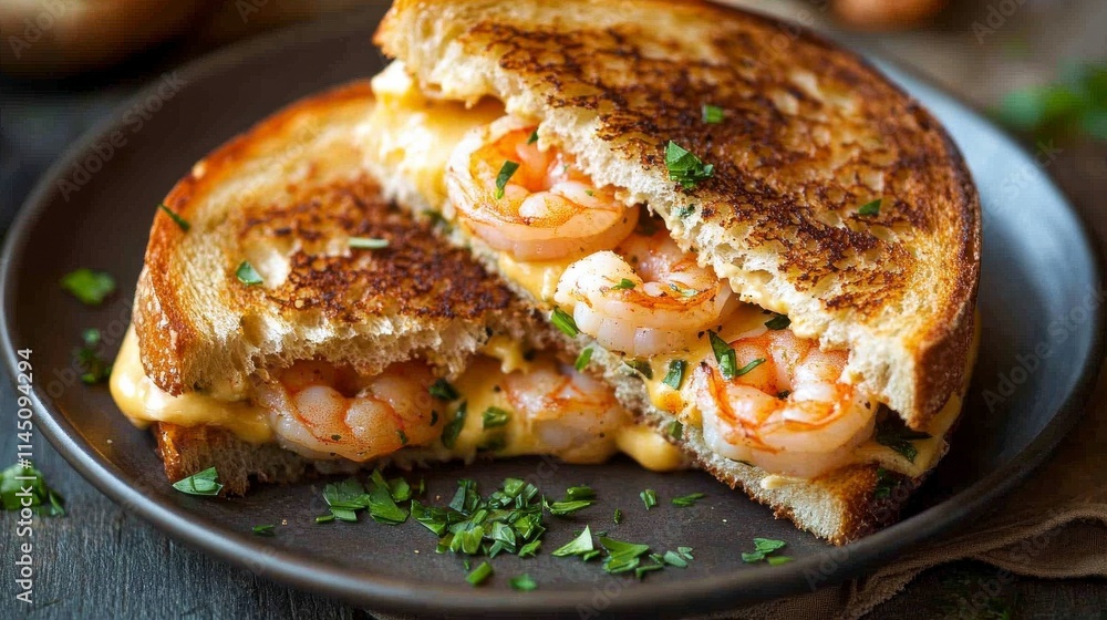Delicious Grilled Cheese Sandwich with Juicy Shrimp and Fresh Herbs Served on Rustic Plate Against Dark Background for Culinary Delight Delicious Grilled Cheese Sandwich with Juicy Shrimp and Fresh Herbs Served on Rustic Plate Against Dark Background for Culinary Delight