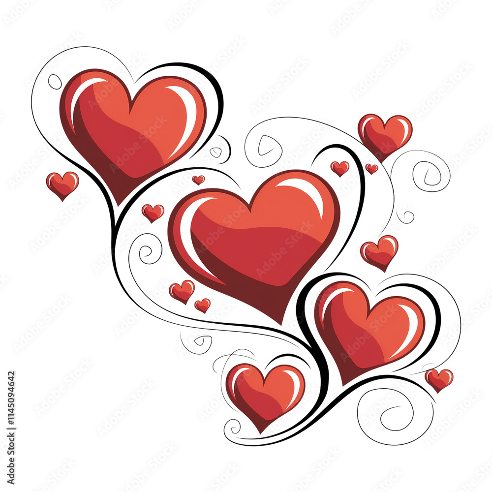 A collection of red hearts is accented by swirling black lines and decorative details, creating a dynamic and playful design. A collection of red hearts is accented by swirling black lines and decorative details, creating a dynamic and playful design.