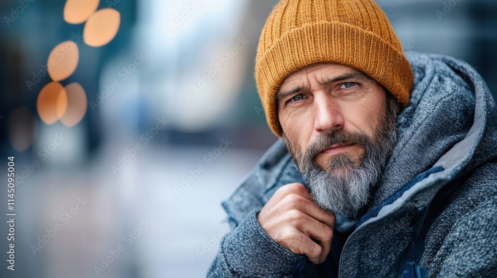Thoughtful man in warm orange beanie and cozy jacket smiling while posing in an urban setting during winter Thoughtful man in warm orange beanie and cozy jacket smiling while posing in an urban setting during winter