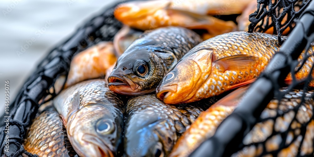 Net full of fish with a black background. The fish are orange and brown Net full of fish with a black background. The fish are orange and brown