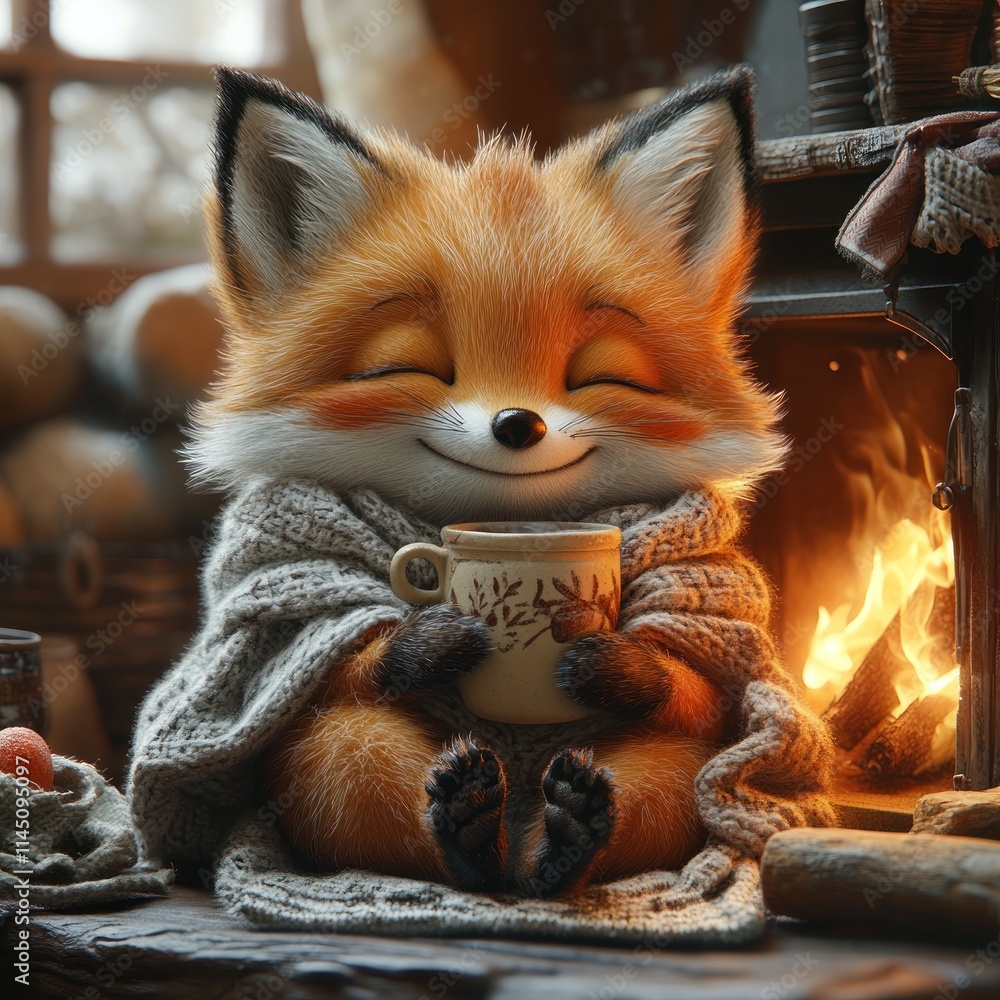 Obraz premium A cozy fox enjoys a warm drink by the fireplace, wrapped in a soft blanket.