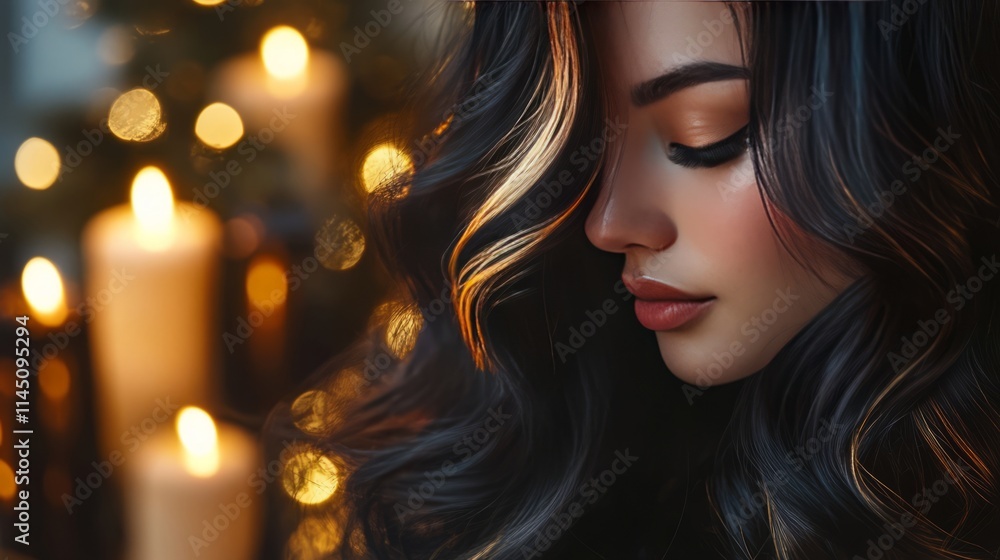 Fototapeta premium Luxurious rose gold nails with glitter tips Luxurious black hair with shimmering gold strands Icy white hair with metallic blue strands Icy teal nails with shimmering crystal pattern Icy blue nails 
