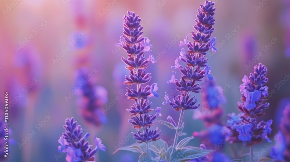 Fototapeta premium Close-up of vibrant purple lavender flowers in a field at sunset. (1)