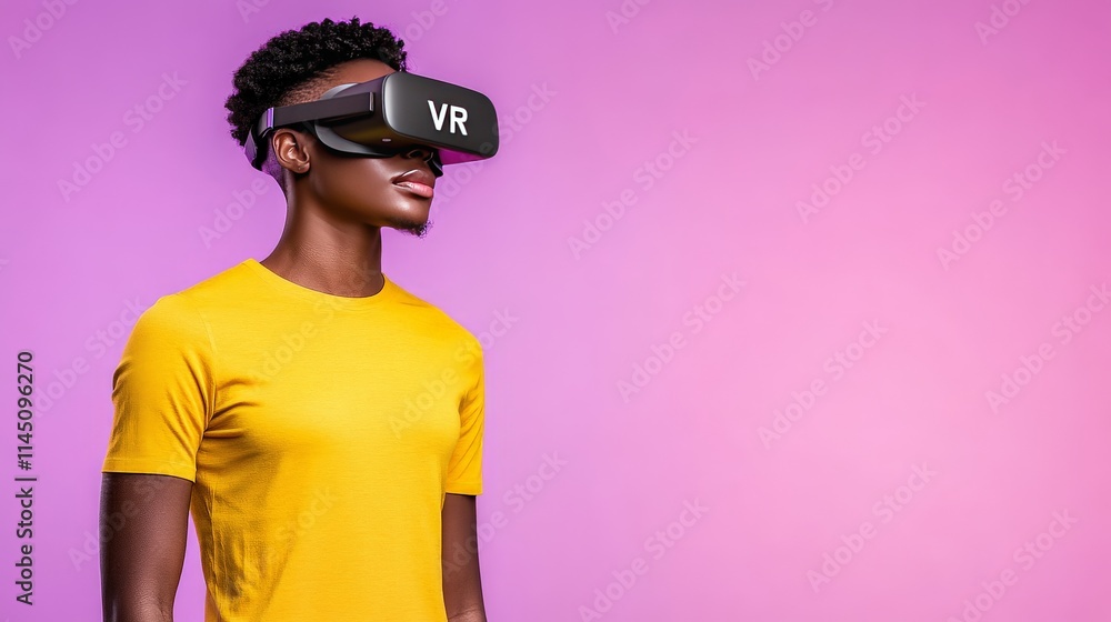 Bright indoor portrait of a young man wearing a black VR headset and a yellow shirt against a vivid pink background showcasing a vibrant tech aesthetic Bright indoor portrait of a young man wearing a black VR headset and a yellow shirt against a vivid pink background showcasing a vibrant tech aesthetic