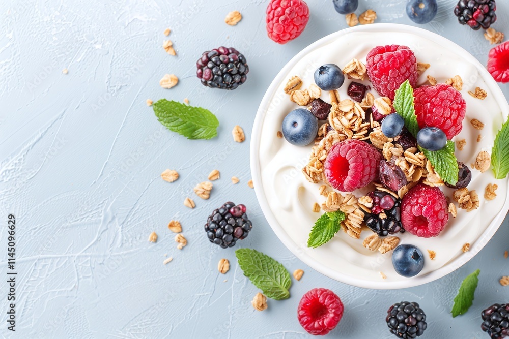 Bowl of yogurt topped with fresh raspberries, blueberries, blackberries, granola, and mint leaves, vibrant and healthy breakfast or snack, scattered berries on light blue background, top view, fresh a Bowl of yogurt topped with fresh raspberries, blueberries, blackberries, granola, and mint leaves, vibrant and healthy breakfast or snack, scattered berries on light blue background, top view, fresh a