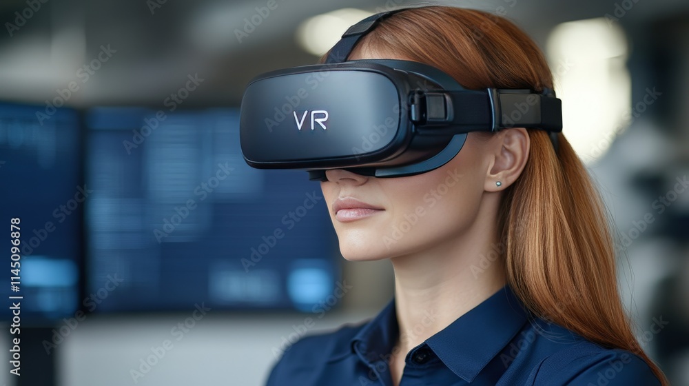 Professional woman using virtual reality headset in a high-tech workplace with digital screen reflections showcasing advanced VR technology and modern corporate innovation Professional woman using virtual reality headset in a high-tech workplace with digital screen reflections showcasing advanced VR technology and modern corporate innovation
