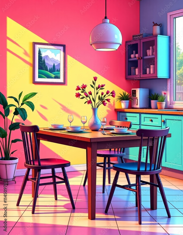 Obraz premium Whimsical Wooden Dining Table Minimal Kitchen Setting Vaporwave Illustration