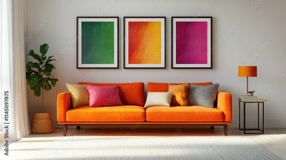 Fototapeta premium A modern living room featuring an orange sofa, colorful pillows, vibrant artwork, and a cozy ambiance. The space is well-lit with natural light and showcases an elegant, contemporary interior design.