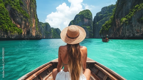 Young woman traveling on a boat in the ocean of Thailand, Phi Phi islands. Rear view, girl with hat traveler and adventurer on vacation. Beach and tropical paradise photo