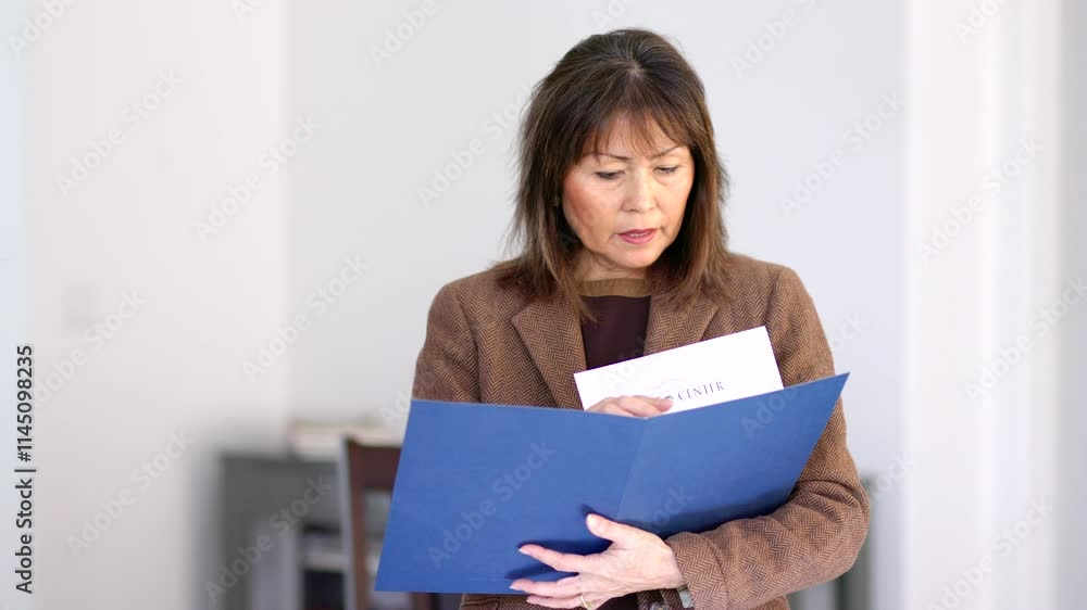 Business woman reading documents in blue folder standing in office