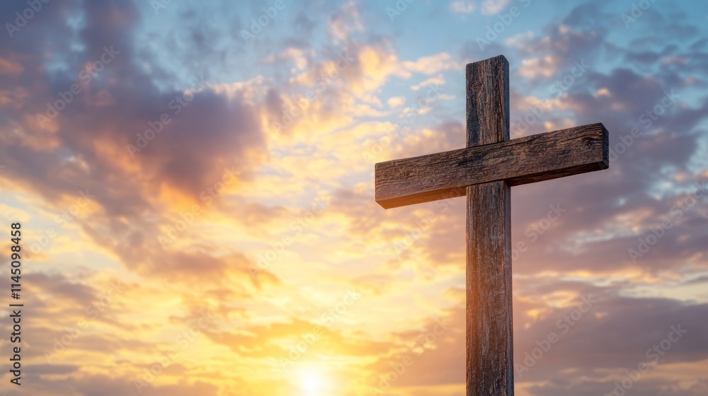 Wooden cross against the background of a morning sunrise Wooden cross against the background of a morning sunrise