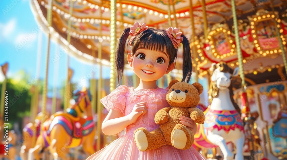 Happy girl with teddy bear at a colorful carousel. Happy girl with teddy bear at a colorful carousel.