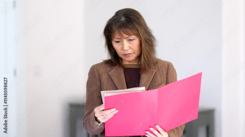 Business woman reading documents in red folder standing in office Business woman reading documents in red folder standing in office