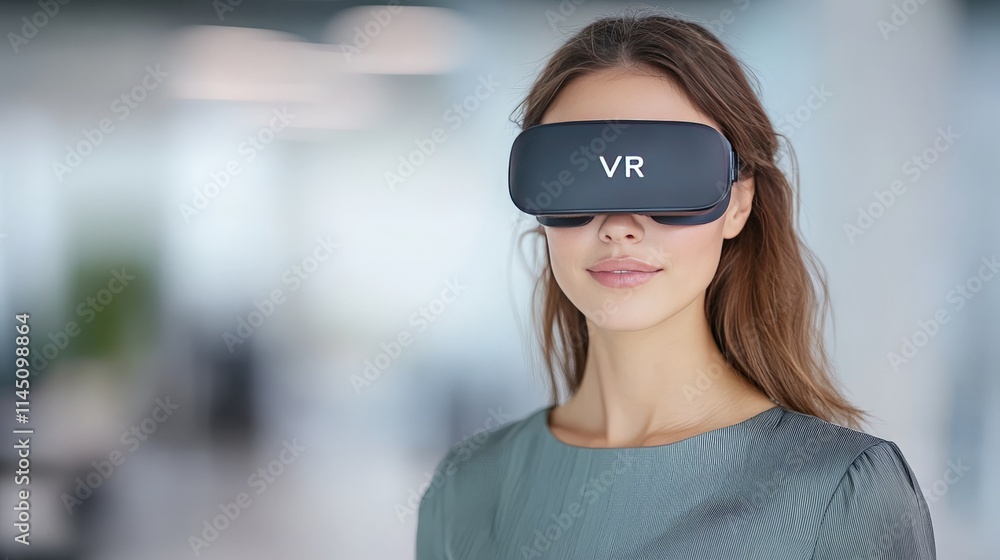 Woman in a professional setting wearing a sophisticated VR headset highlighting augmented reality for business solutions collaborative innovation and interactive enterprise tools Woman in a professional setting wearing a sophisticated VR headset highlighting augmented reality for business solutions collaborative innovation and interactive enterprise tools