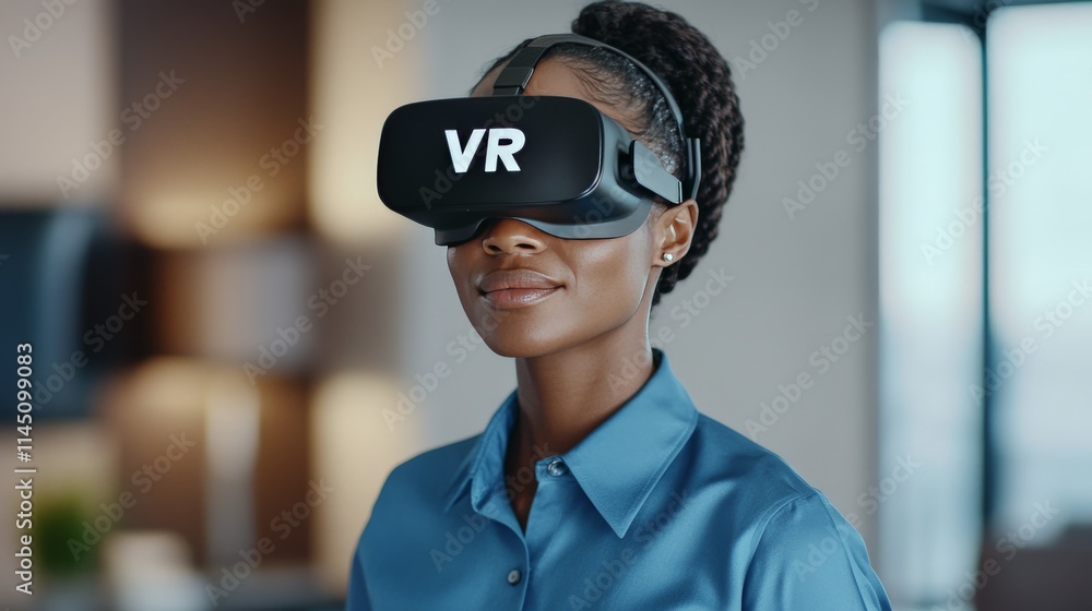 Businesswoman with a VR headset in a professional office setting highlighting augmented reality for corporate solutions digital collaboration and immersive business innovation Businesswoman with a VR headset in a professional office setting highlighting augmented reality for corporate solutions digital collaboration and immersive business innovation