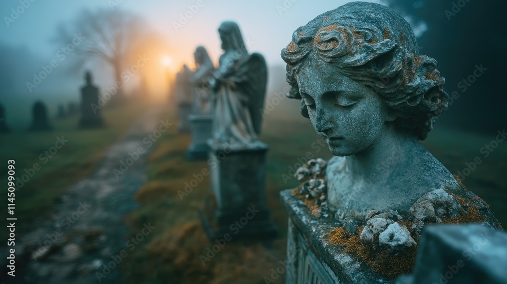 Weathered Angel Busts In A Foggy Cemetery Weathered Angel Busts In A Foggy Cemetery