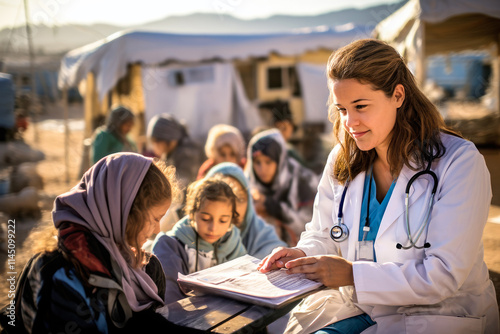 Woman doctor in a white coat assists young refugee children outdoors near a tented area. Concept of medical volunteers providing essential healthcare to Arabian refugee communities in crisis settings photo