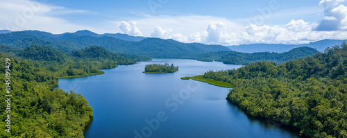 Capturing serene beauty from above, a large lake nestled in dense jungle features small islands amid tranquil blue waters and a picturesque sky