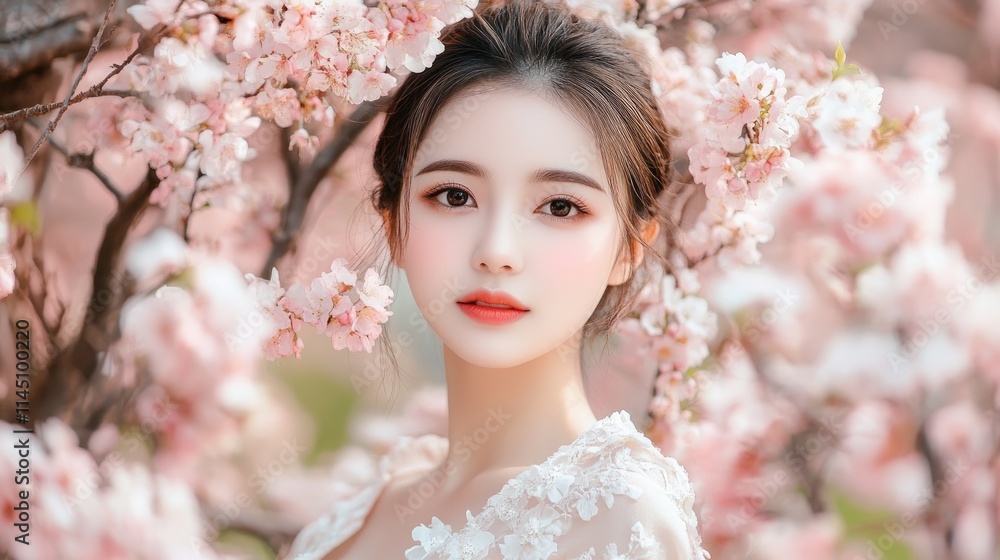 Woman in White Dress Amidst Blooming Cherry Blossoms Woman in White Dress Amidst Blooming Cherry Blossoms