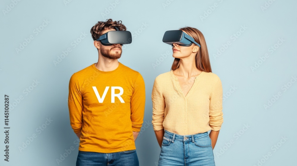 Two people wearing virtual reality headsets against a light blue backdrop showcasing collaborative innovation technology integration and shared immersive experiences Two people wearing virtual reality headsets against a light blue backdrop showcasing collaborative innovation technology integration and shared immersive experiences