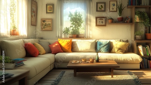 Sunny Living Room With Sectional Sofa And Colorful Pillows photo