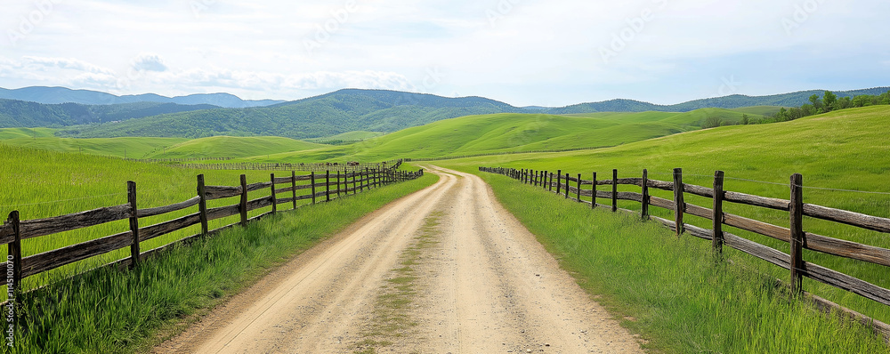 Scenic view of a winding dirt road passing through lush green fields, bordered by wooden split rail fences, leading towards rolling hills and distant mountains Scenic view of a winding dirt road passing through lush green fields, bordered by wooden split rail fences, leading towards rolling hills and distant mountains