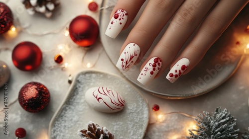 Metallic silver nails with frosty ice patterns
Matte white nails with delicate red holiday designs